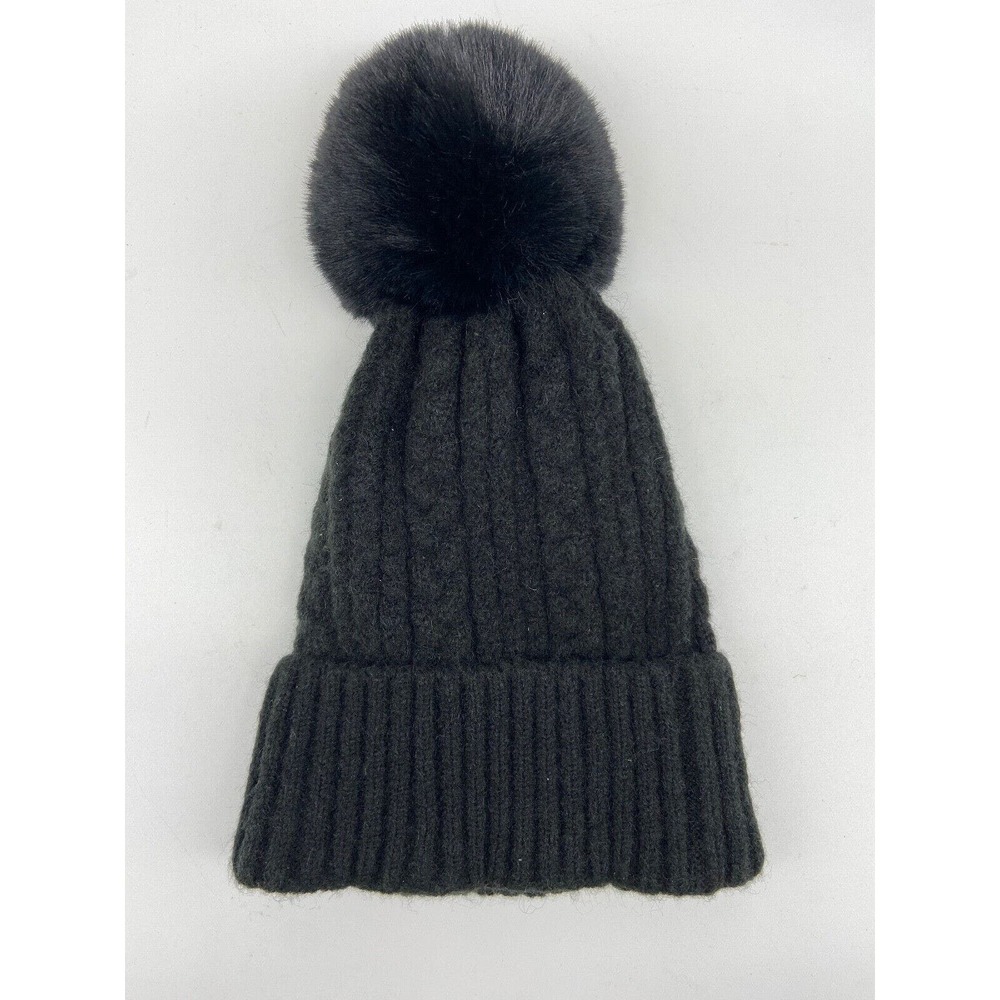 Natasha Beanie Hat Woman Dark Gray‎ Ribbed Furry Pom New
